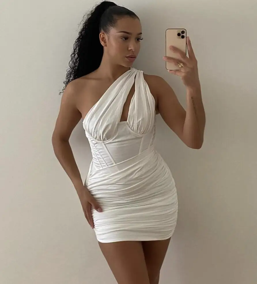 

Sexy One Shoulder Key Hole Mesh Ruched White Mini Women Summer Dress 2021 Designer Elegant Evening Party Club Dress Vestidos