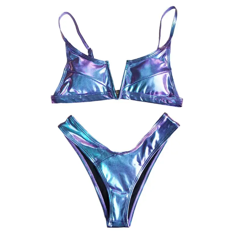 

Women Sexy Brazilian Bikini Set Holographic Faux Leather Metallic Swimsuit Split V-Neck Colorful High Cut Bathing Suit