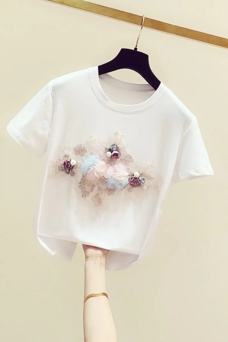 

Flower Shirt Women 2020 Summer New Three-dimensional Embroidery Flower Short Sleeve Round Collar T-shirt Women's Casual Tee Top