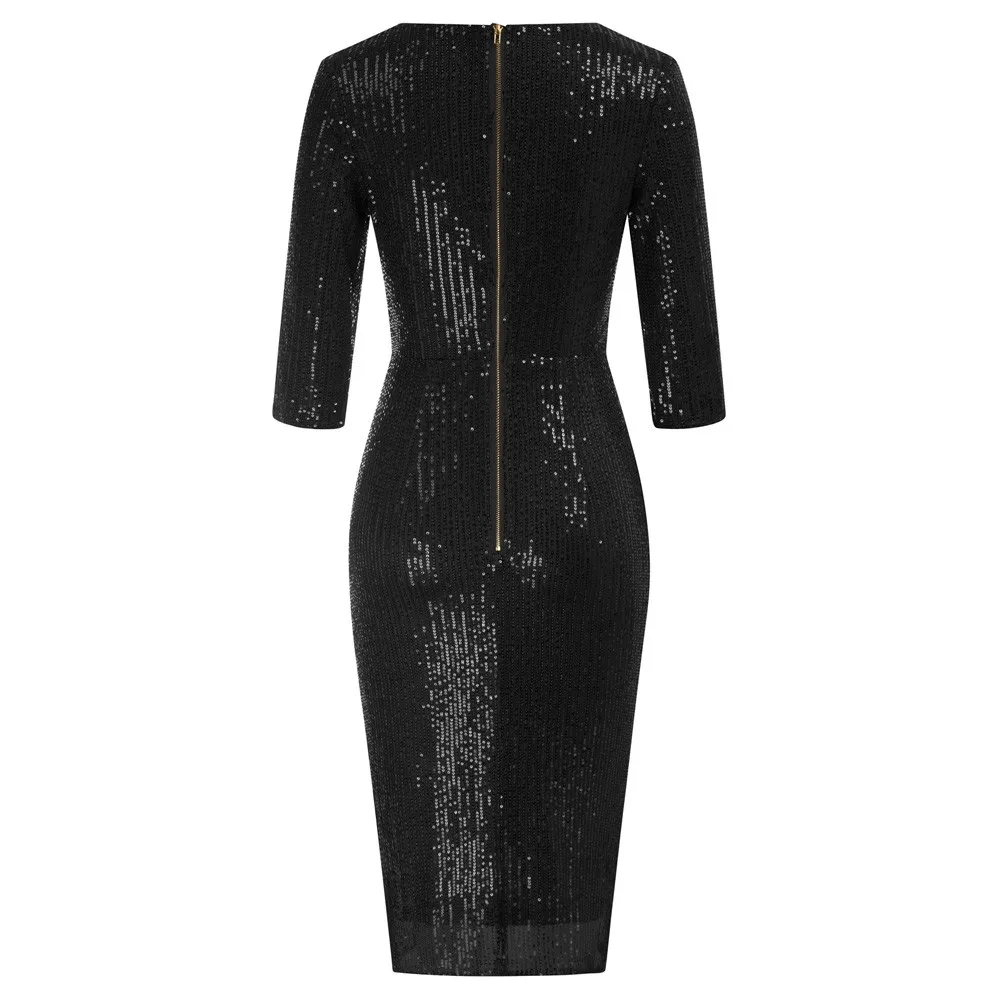 

BP Vintage Sexy Evening Bodycon Dresses For Women Wedding Party Sequined Dress 3/4 Sleeve Square Neck Dress Ladies Elegant Dress