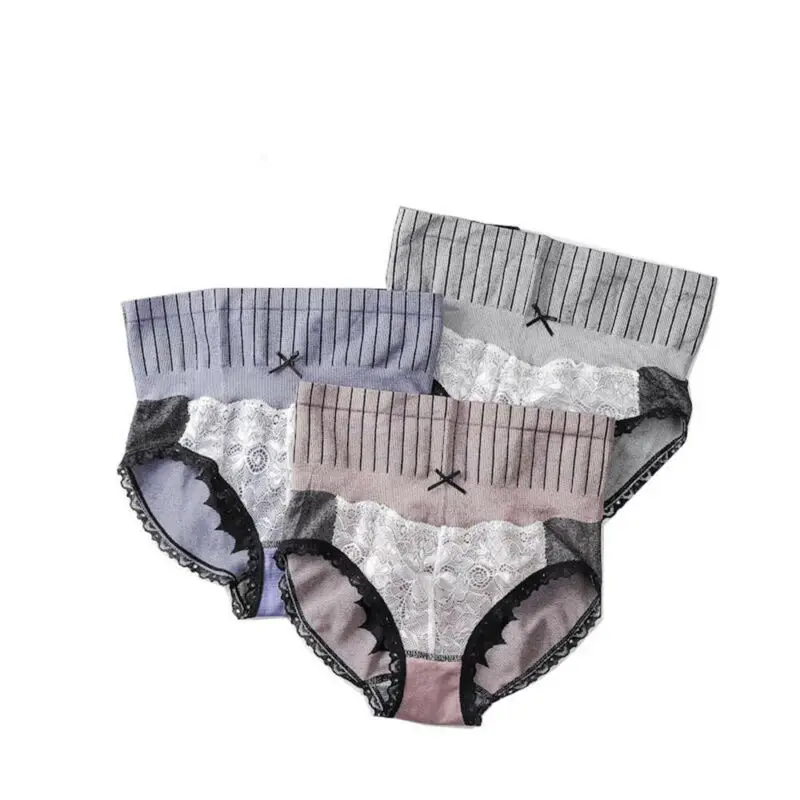 

High-Waisted Abdomen Women Panties Breathable Underpants Bowknot Briefs 3 Packs Hip Lift lace Cotton