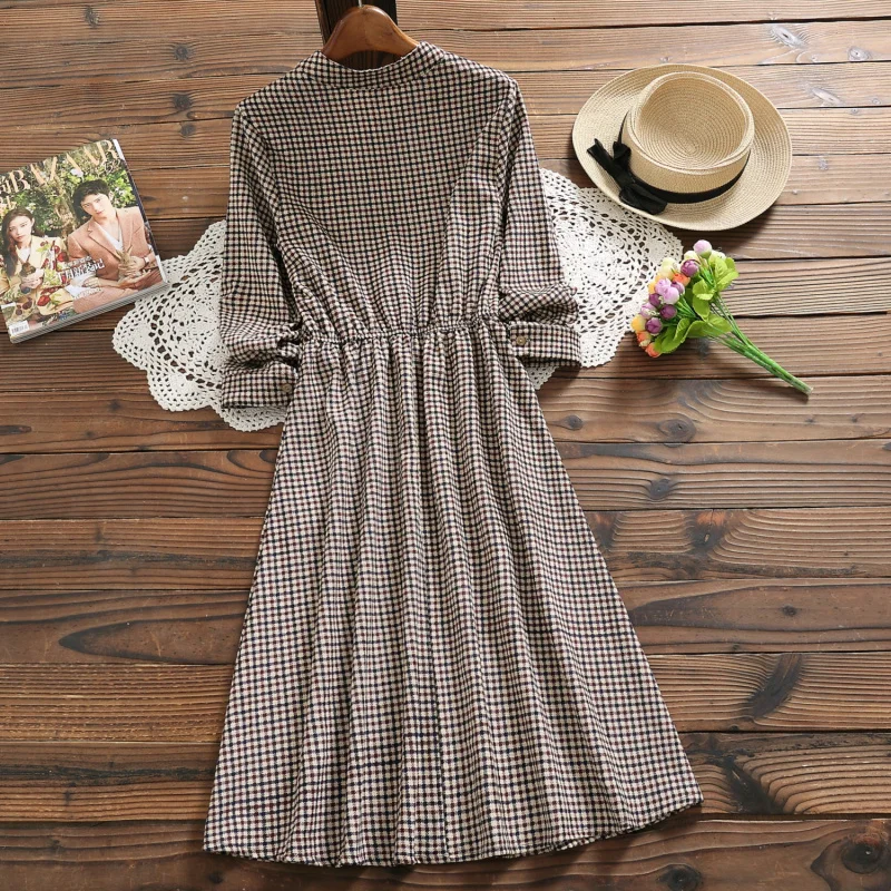 Платье женское вельветовое в клетку с воротником стойкой|Женские платья| |
