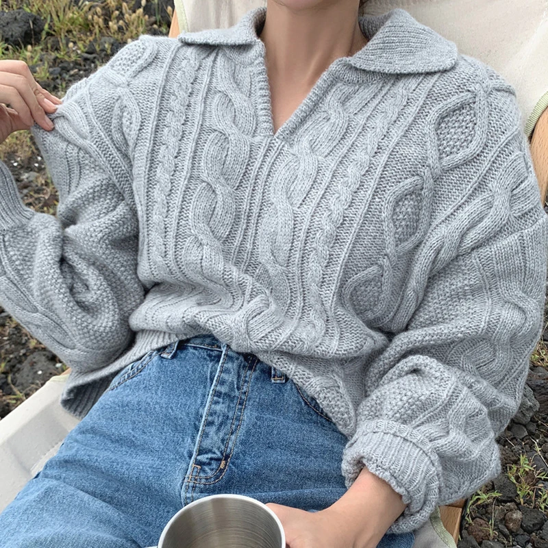 

Korean Fashion Chic Women Lapel Retro Twist Loose Lazy Pullover Long-sleeved Sweater Womens Winter Fall Sweaters 2021 knit top
