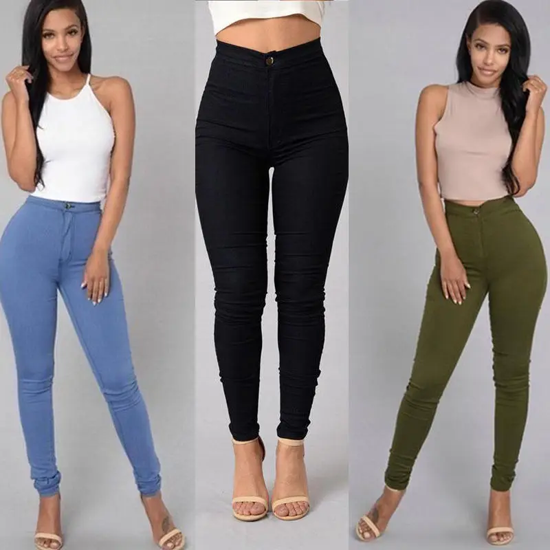 Thin High Waist Stretch Women Pencil Pants Tight Candy-colored Jeans Full Length Skinny White Black Blue Yellow Solid Color Jean | Женская