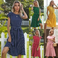 new summer polka dots short sleeve pleated dresses belted lace up sundress elegant female beach vacation vintage midi dress