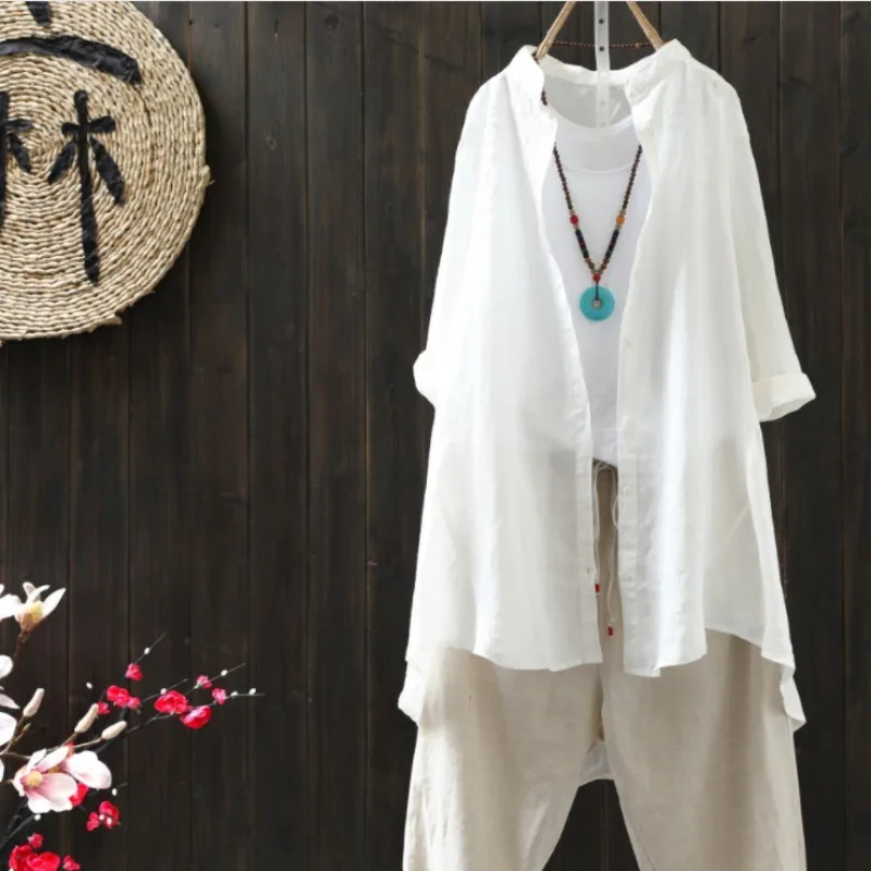 

Summer Literary Embroidery Cotton And Linen Vintage Womens Shirts Asymmetrical Medium Length Sunscreen Female Open Stitch Shirt