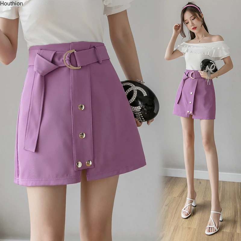

Houthion Women's Skirts New Casual Fashion Slim Solid Color Belt A-Line Empire Above Knee, Mini Skirt Spring/summer