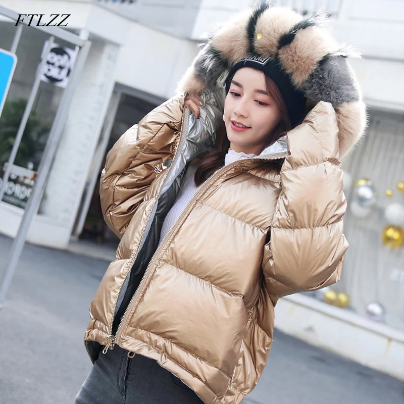 

FTLZZ Winter Jacket Women Artificial Fur Coat Natural Fox Fur Collar Loose Short Coat Sliver White Double Sided Duck Down Jacket