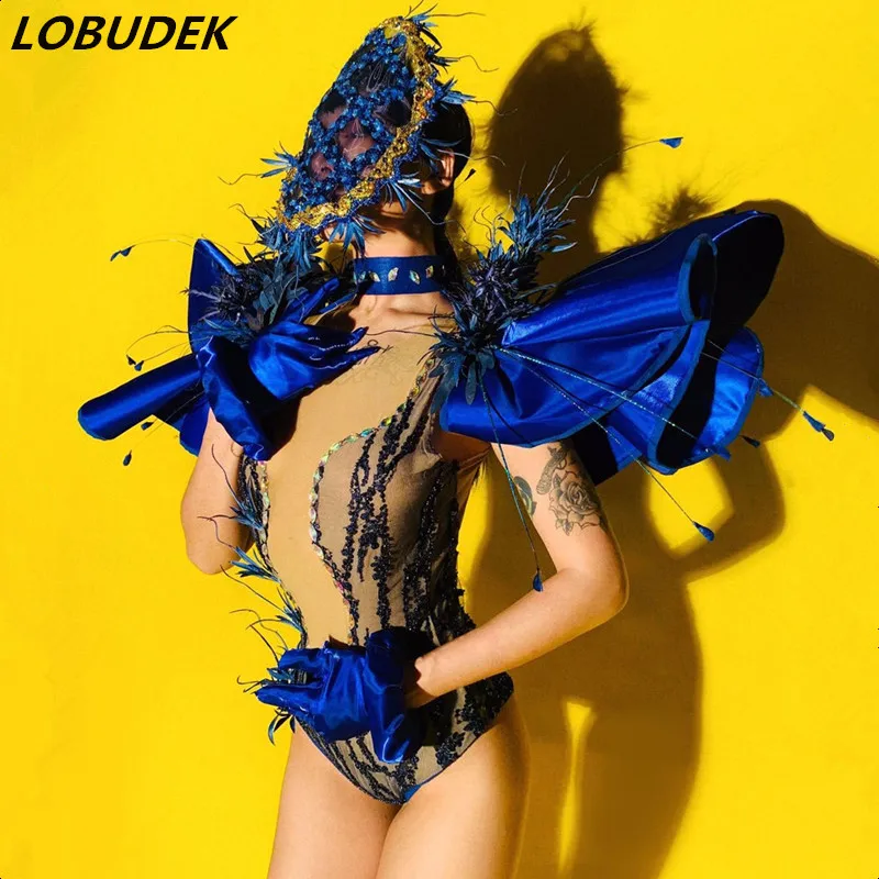

Новинка, танцевальная одежда, Женский сценический костюм певицы в масках, синяя Стразы, боди, маска, одежда для выступлений