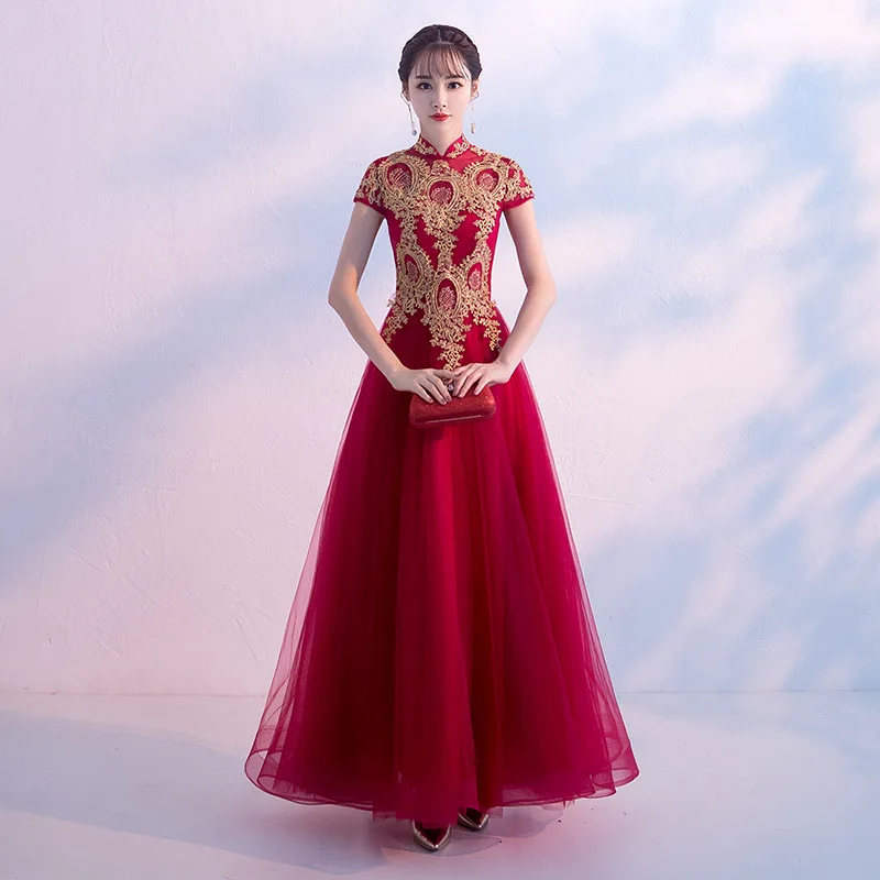 Бургундские вечерние платья невесты в китайском стиле женское элегантное тонкое