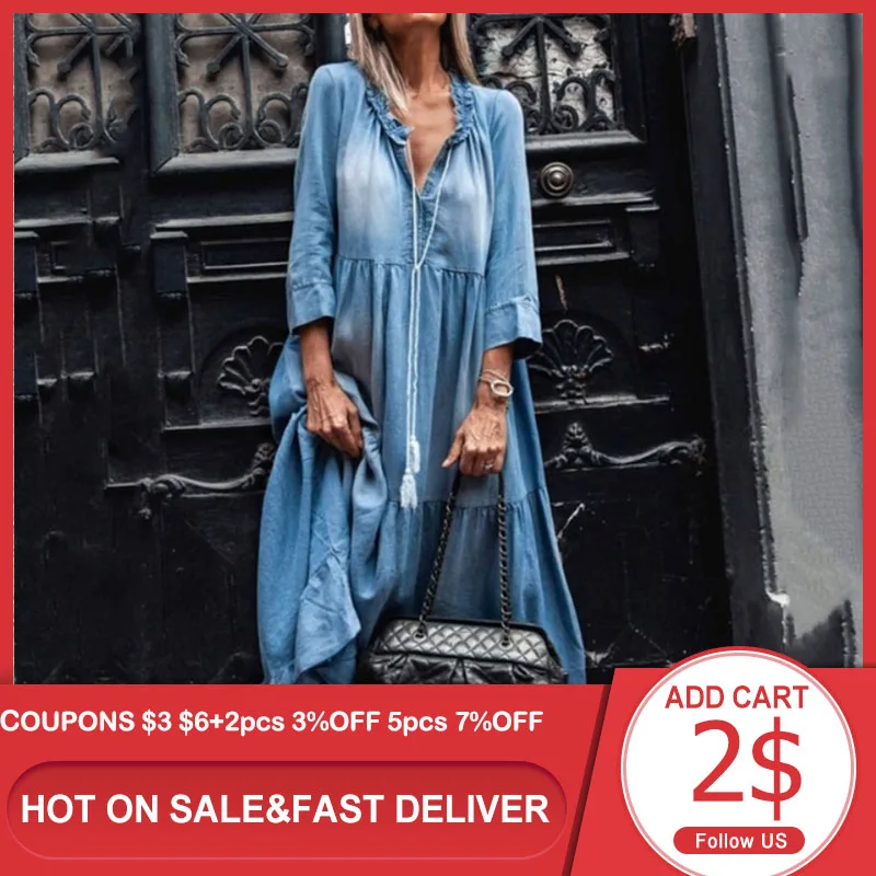 Женское джинсовое платье с оборками повседневное свободное винтажное макси в