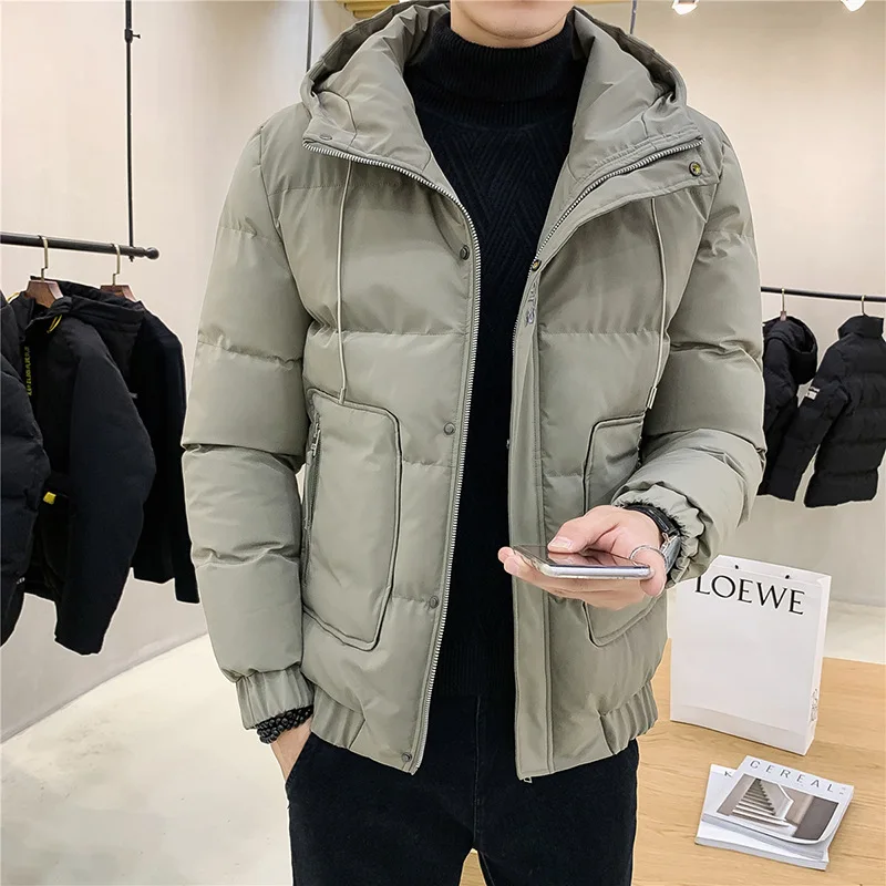 

Мужская зимняя куртка с капюшоном, новинка 2019, плотный короткий приталенный пуховик с бархатной хлопковой подкладкой в Корейском стиле