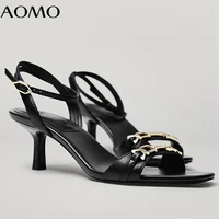 aomo 2021 new arrival office lady metal buckle 100 sheep real leather party sandals women shoes woman shoes women sandals azh10