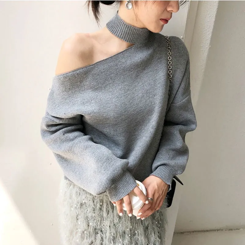 Осенне-зимний Повседневный корейский свитер с открытыми плечами водолазка