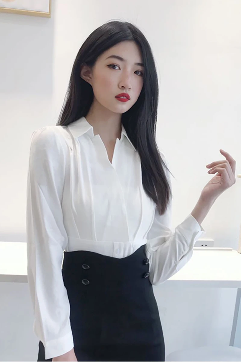 

Spring Autumn Korean OL White Shirts Women Long Sleeve Temperament Professional Slim Fit Blusas Mujer De Moda TA923