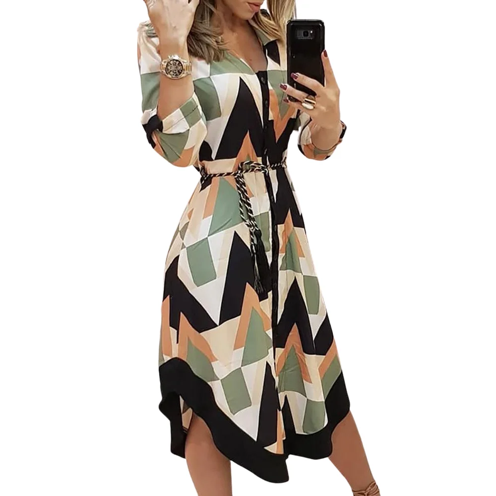 

2021 New Casual Rhombus Women's Dress Sashes Button Long Sleeve Ladies Spring Summer Midi Dresses