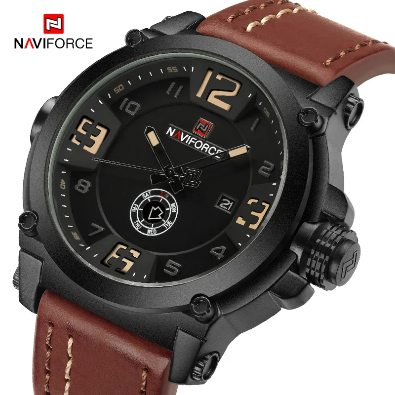 

Часы наручные NAVIFORCE Мужские кварцевые аналоговые, спортивные Роскошные водонепроницаемые с кожаным ремешком, с отображением недели