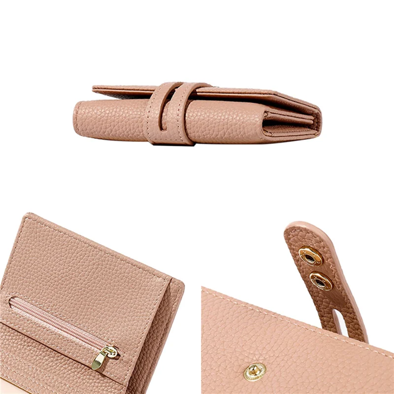 

Ladies Three-fold Short Wallet, Girls Temperament Solid Color Lychee Print Zipper Coin Purse ID Card Coin Pocket Card Holder