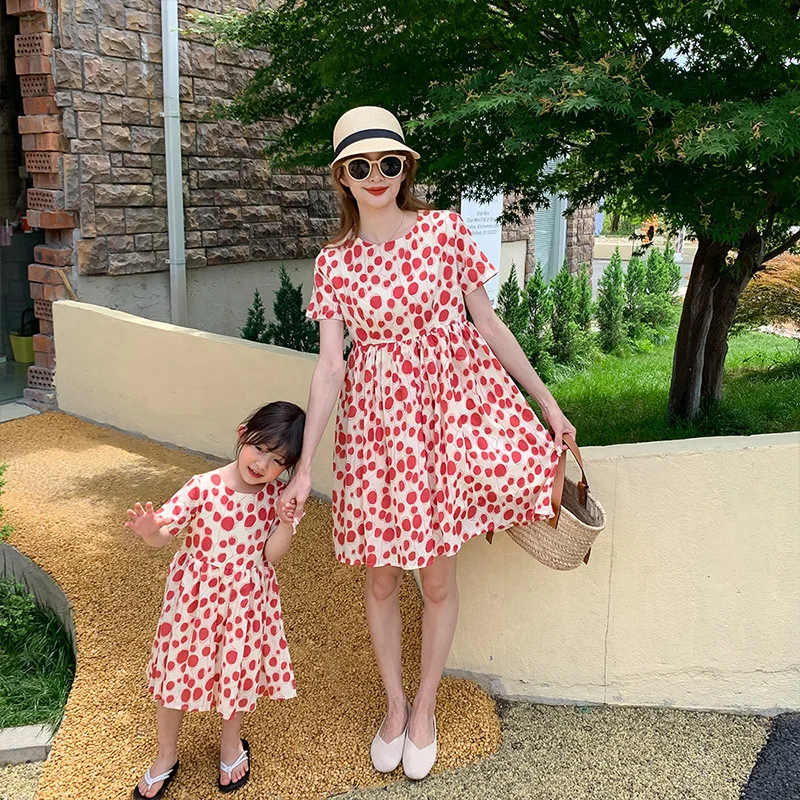 

Mother Daughter Matching Clothes 2021 Summer Tall Waist Puff Sleeve Crew Neck Knee-Length Girls Dress Family Matching Outfits