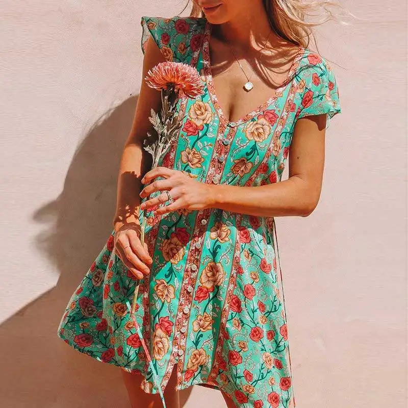 Женское винтажное мини платье в стиле бохо повседневное пляжное с коротким