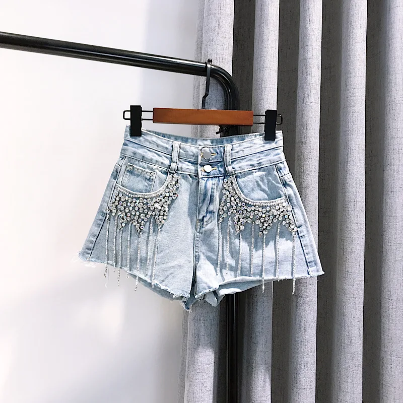 

Denim Jeans Shorts for Women 2020 Summer Hot Pants New Heavy Diamond Tassel High Waist Ripped Denim Shorts Students