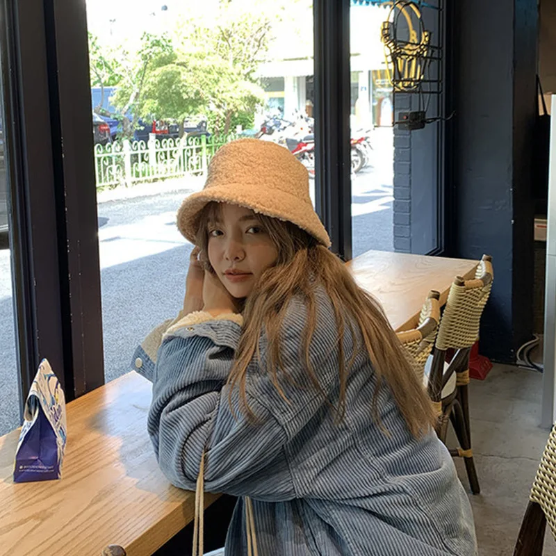 

Women Hat Solid Artificial Fur Warm Female Cap Faux Fur Winter Bucket Hat for Women Outdoor Sunscreen Sun Hat Panama Lady Cap