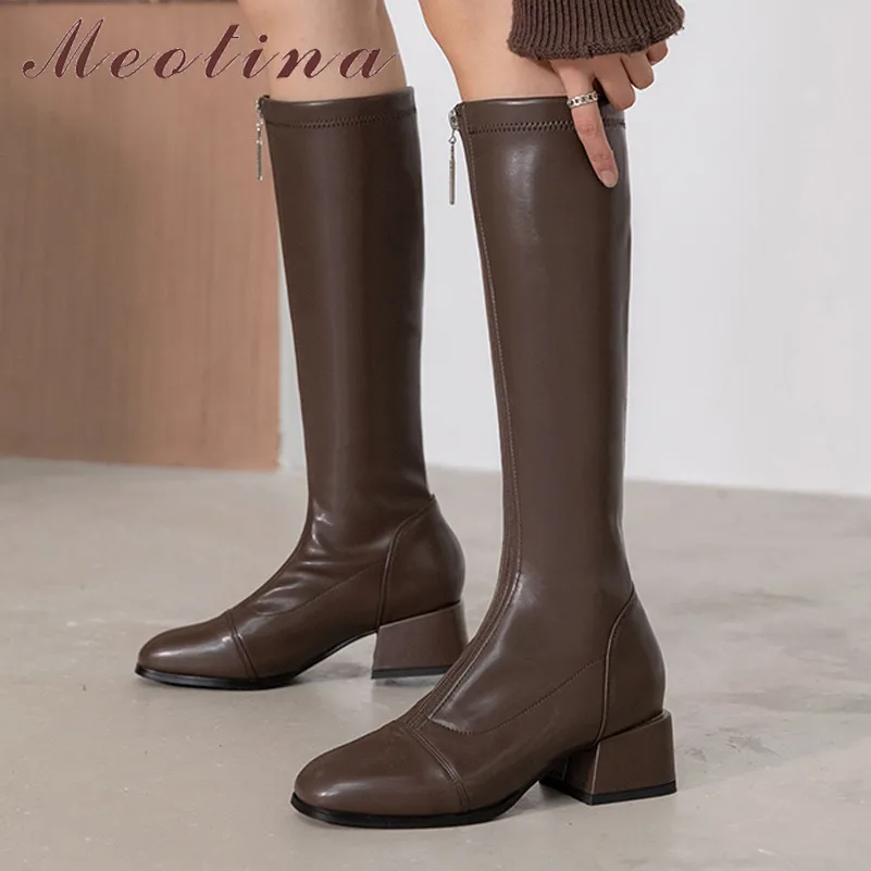 

Meotina Med Heel Knee High Boots Women Square Toe Riding Boots Thick Heel Long Boots Zipper Ladies Shoes Autumn Winter Brown 43