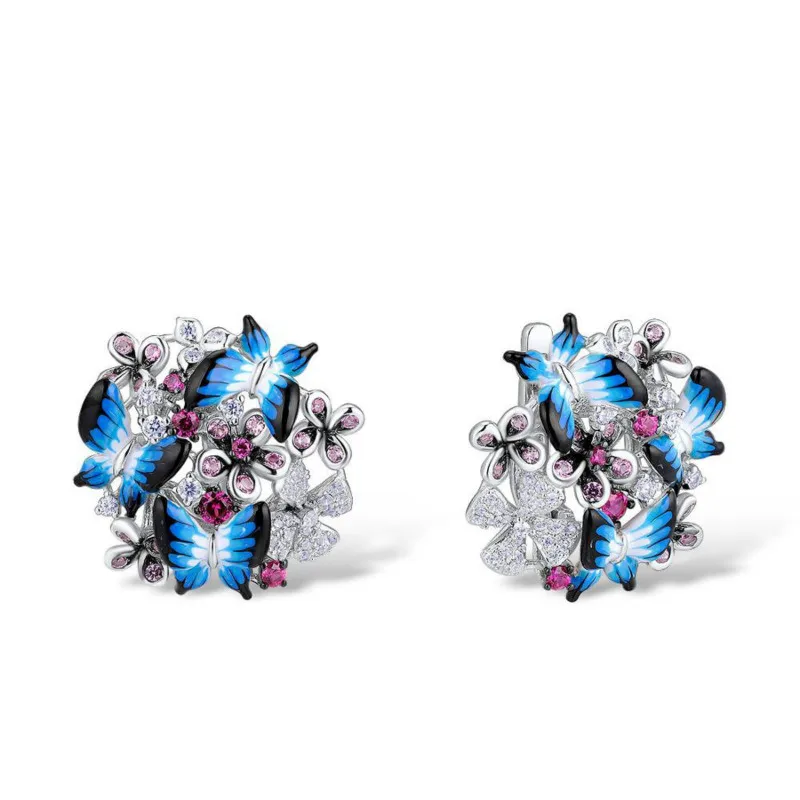 Женские серебряные серьги-гвоздики, с синей бабочкой