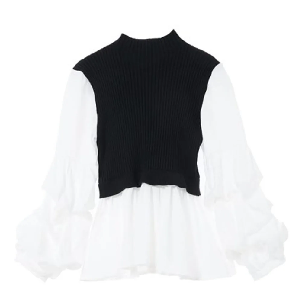 Женский свитер-водолазка в Корейском стиле модный вязаный Топ пэчворк с длинным