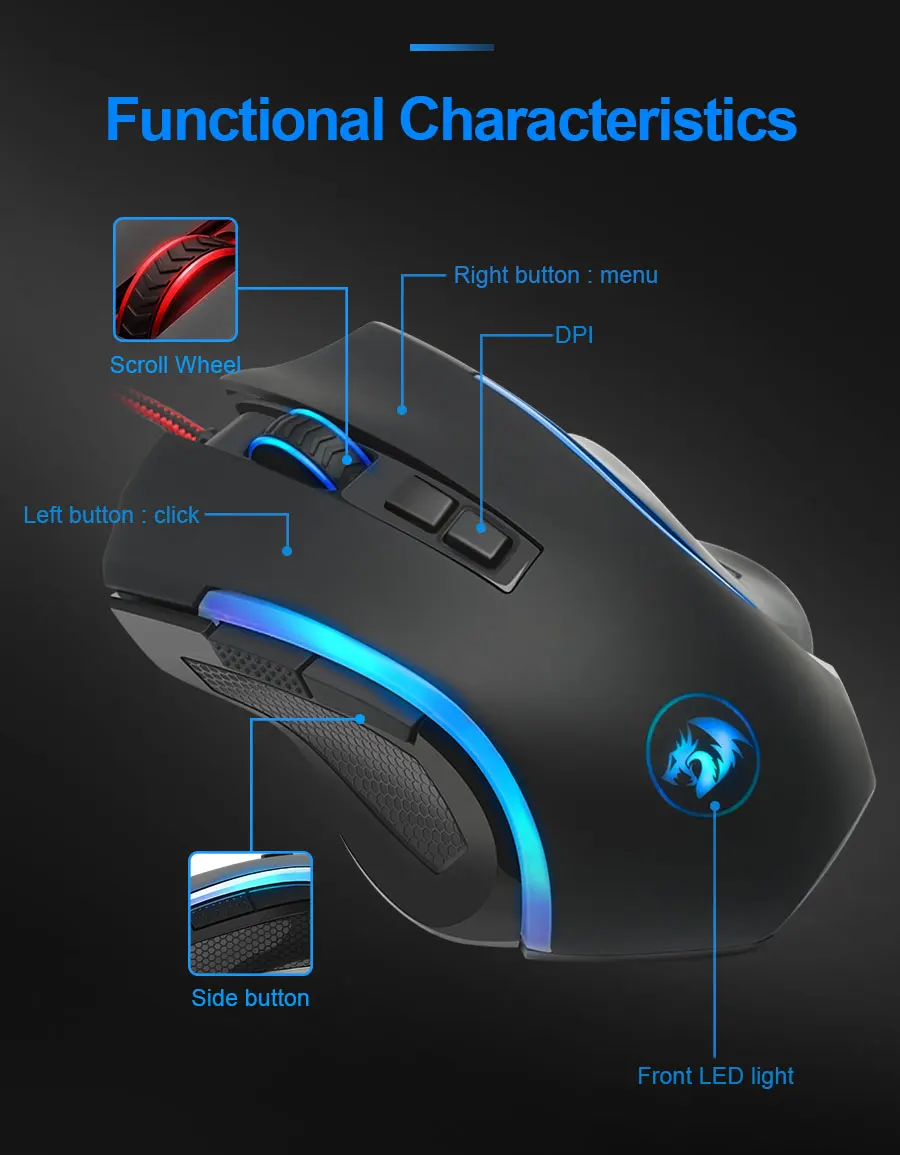 Redragon GRIFFIN M607 USB Проводная игровая компьютерная мышь 7200 dpi 6 кнопок 7 цветов с подсветкой RGB программируемая эргономичная для PC Gamer