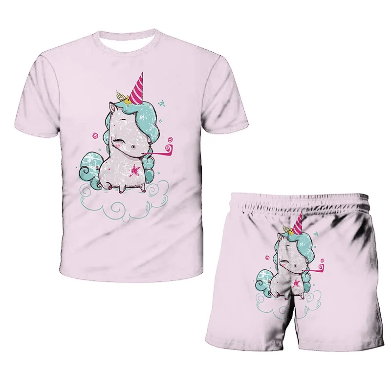 

Summer New Cartoon Unicorn T-Shirt + Shorts Boys And Girls Casual Sports T-shirts And Shorts Suit Anime 2-Piece Kid's Clothing