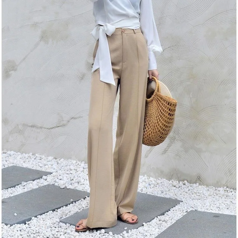 

170-175cm Autumn Wide Leg Pants Women Elastic Waist Pants Elegant Office Ladies Khaki Trousers Plus Length Purple Gray