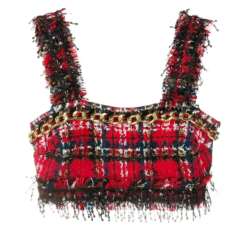 

HIGH STREET Newest Fashion 2022 Designer Tops Women's Sequined Tassel Plaid Tweed Camis