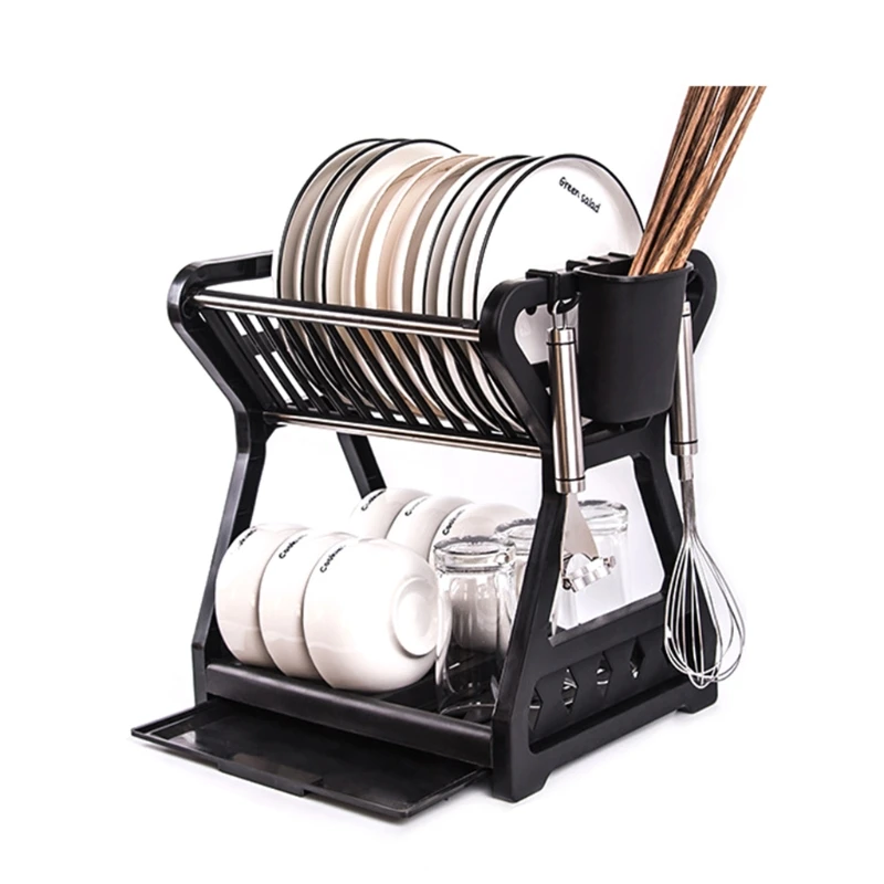 

New Double-layer Plates Kitchen Sink Countertop Holder Dish Rack Bowl Storage Shelf Drying Stand Draining Up To 12 Plates