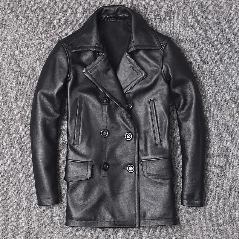

2020 Black Men Long Casual Leather Jacket Double Breasted Plus Size XXXXXL Genuine COwhide Russian Autumn Natural Leathe Coat