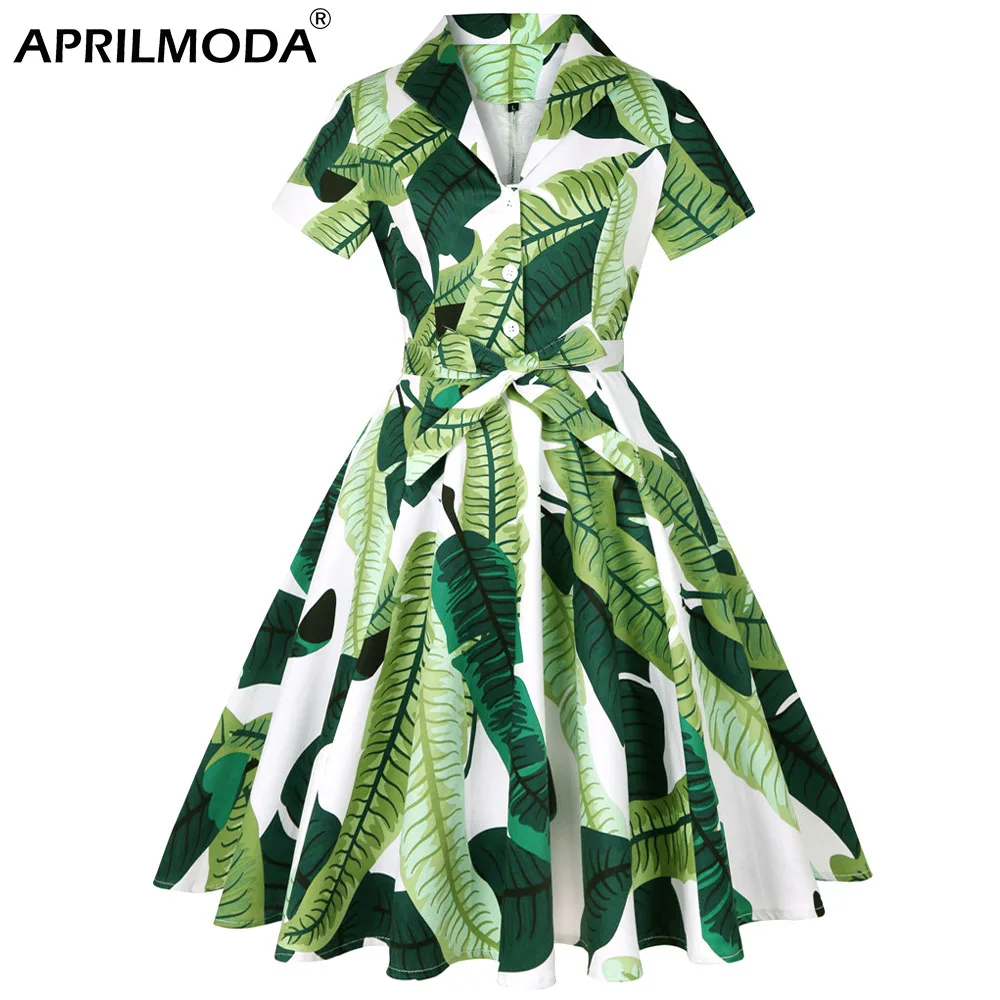 

Green Leaf Print Cotton Pinup Swing Women Dress with Belt 4XL 3XL Robe Femme 50's 60s Retro Vintage Dress Costume Party Clothing