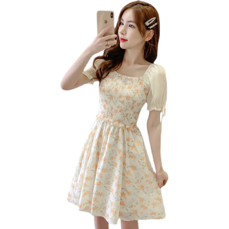 

COIGARSAM Women One Piece Korea Dress Summer 2021 New French Style Floral Print Chiffon Puff Sleeve White Apricot Dresses Robe