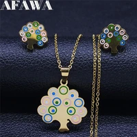 cut tree of life enamel stainless steel necklaces earrings sets gold color jewelry kid set jewelry collier enfant fille s9504s01