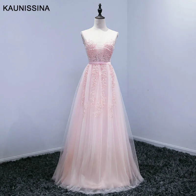 Bean Pink KAUNISSINA элегантное вечернее платье размера плюс с аппликацией, вечерние платья для выпускного вечера, вечерние платья с v-образным вырезом, настоящая фотография, Vestido 14 размера s - Цвет: Bean Pink