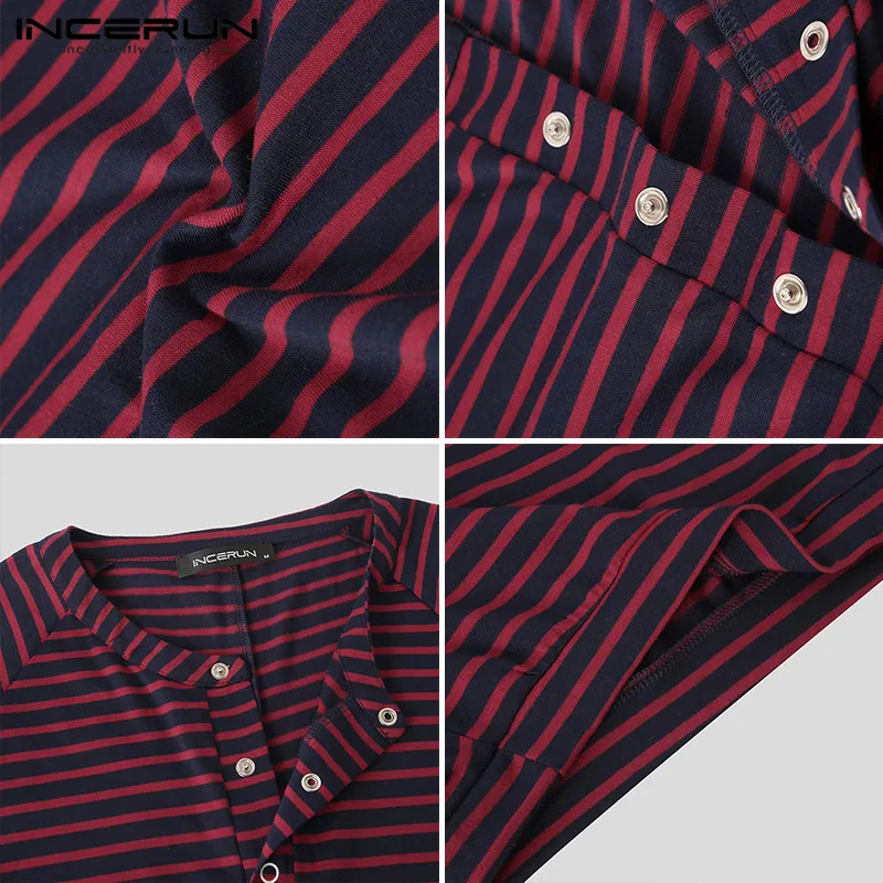 

Short Sleeve Button Homewear INCERUN Leisure Mens Striped Pajama Jumpsuit Sexy Man Fitness Rompers Sleepwear Hombre Onesies 5XL