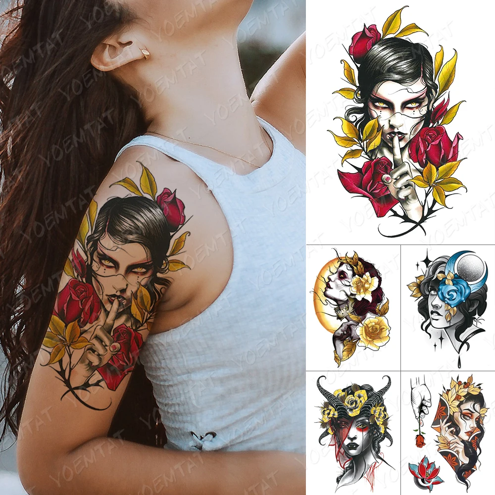 

Waterproof Temporary Tattoo Sticker Clock Rose Catrina Day of The Dead Flash Tattoos Owl Beauty Body Art Arm Fake Tatoo Women