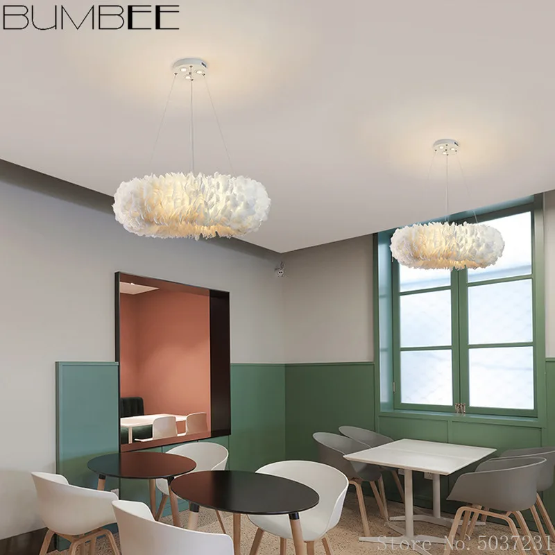 Скандинавская подвесная лампа с перьями романтическая теплая люстра для спальни