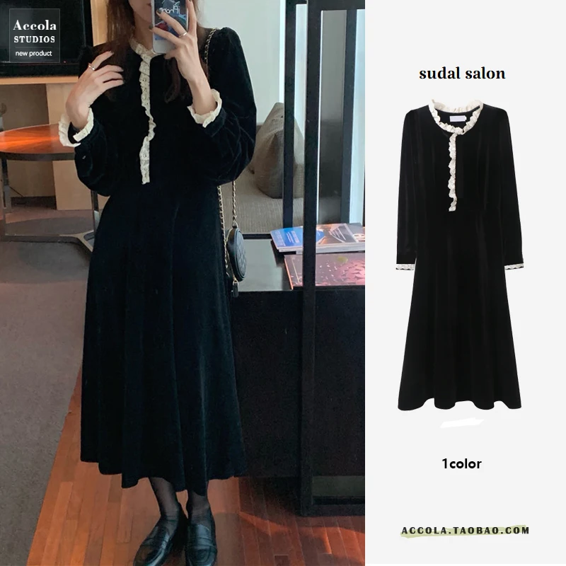 Осенне зимнее элегантное бархатное платье средней длины осенне базовое
