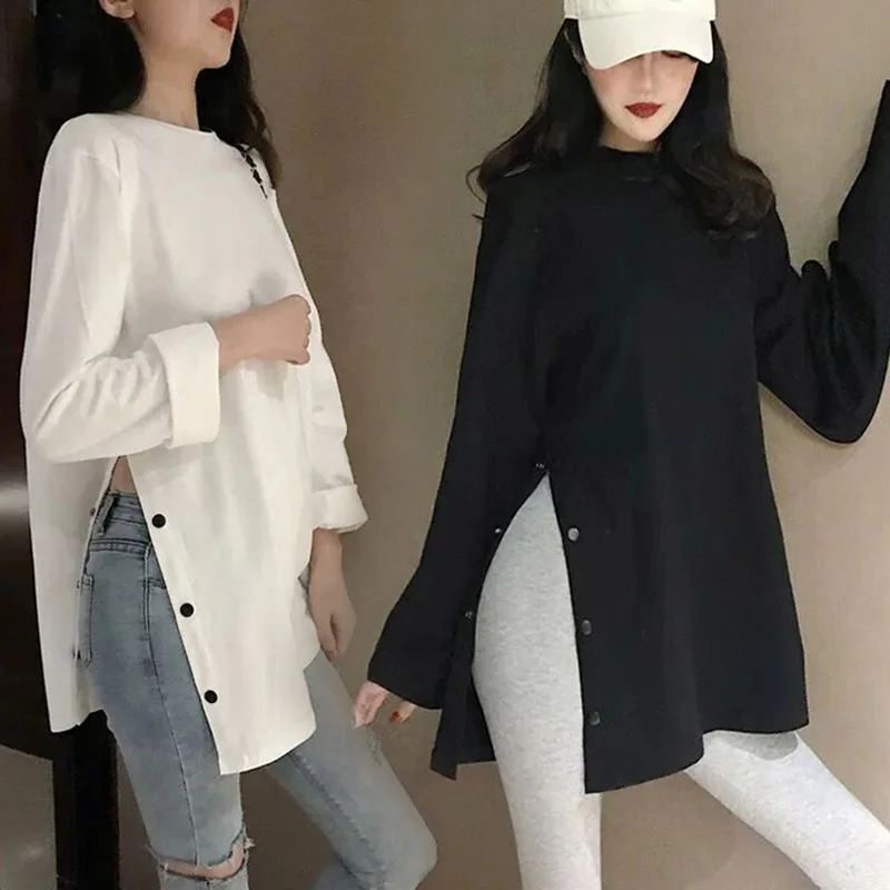 

Женская Однотонная футболка с длинным рукавом и круглым вырезом, с разрезом, на осень-ОПК