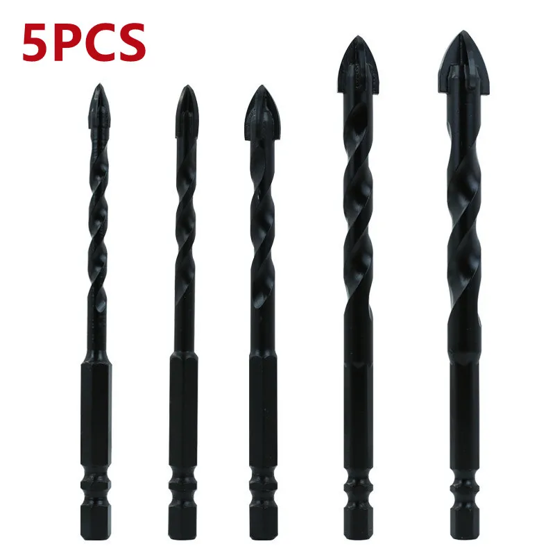 

5PCS/Set Black Hexagonal Shank Cross Triangle Drill Set Hole Four-blade Alloy Drill Bit Ceramic Tile Glass Hole Opener