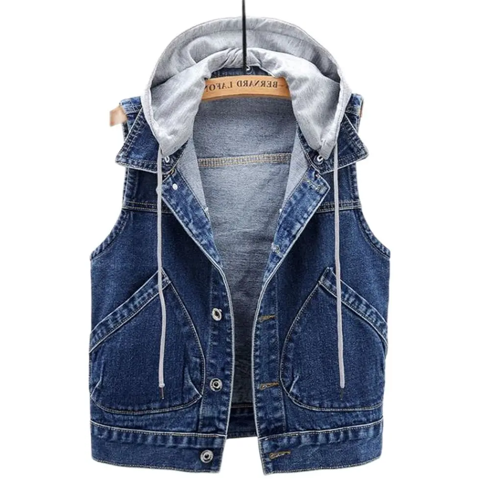 

Denim Vests Women Short 2021 Spring New Hooded Big Pocket Sleeveless Jackets All-Match Slim Tops Cardigan Waistcoat Gilet Fall