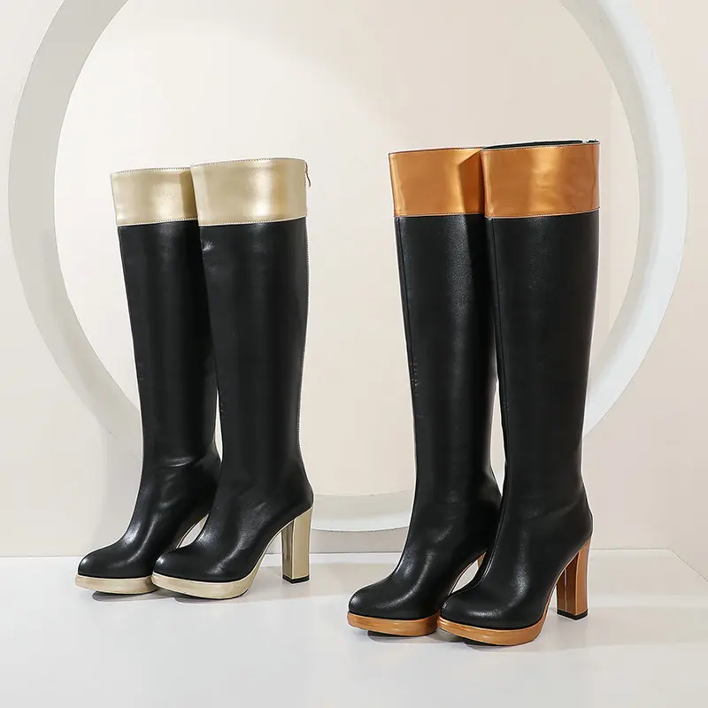

Brand Design Women Knee High Boots Platform Thick Heel Women Long Boots Fashion Mixed Color Zipper Female Winter Boots Black