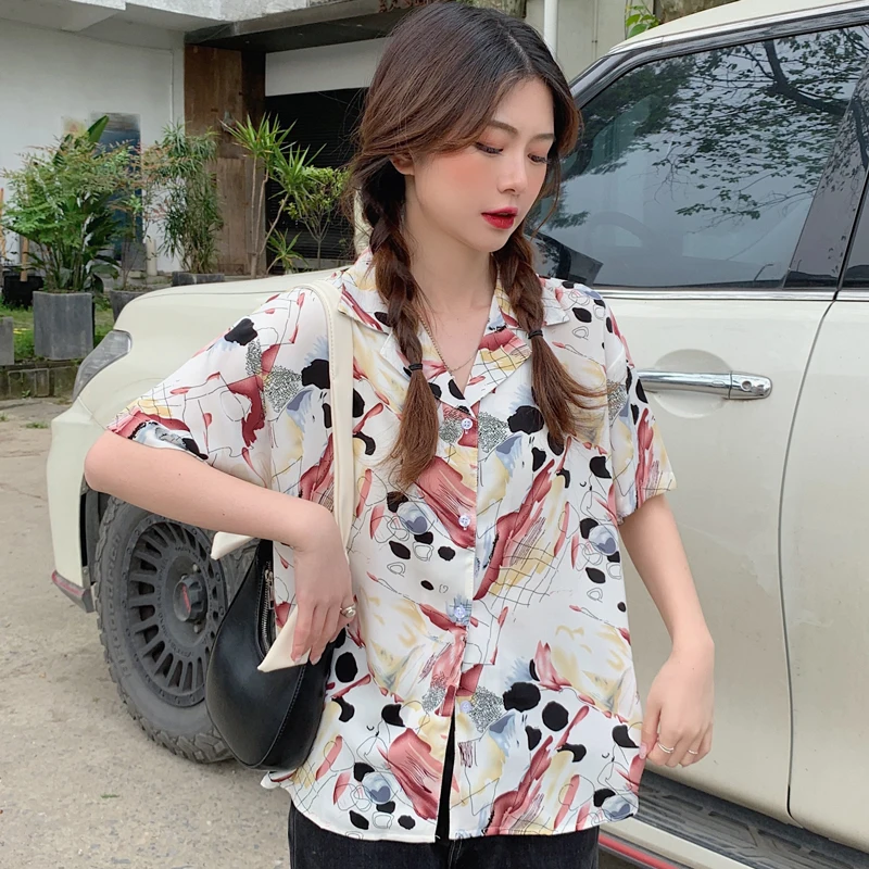 

Chiffon Loose Women's Shirt New Fashion Blouses Casual Short Sleeve Blusas Printing V-neck Shirts Summer Houthion