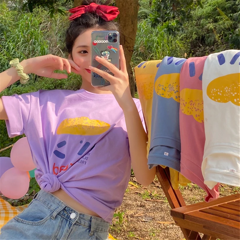 

100% Cotton Sweet T Shirts Candy Colors Short Sleeve Oversize T-shirts Kawaii Cartoon Print Korean Style Top Tee Female L0699