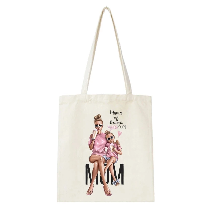 Canvas Shopping Bag Lovely Girl Mom Print Handbag Large Capacity School Trval Bag Tote Shopper Bags Clothes Package Bag - Цвет: C1
